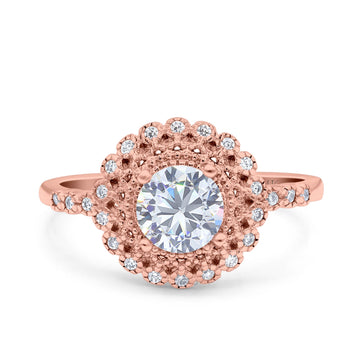 14K Rose Gold Halo Art Deco Round Bridal Wedding Engagement Ring Simulated CZ Size-7